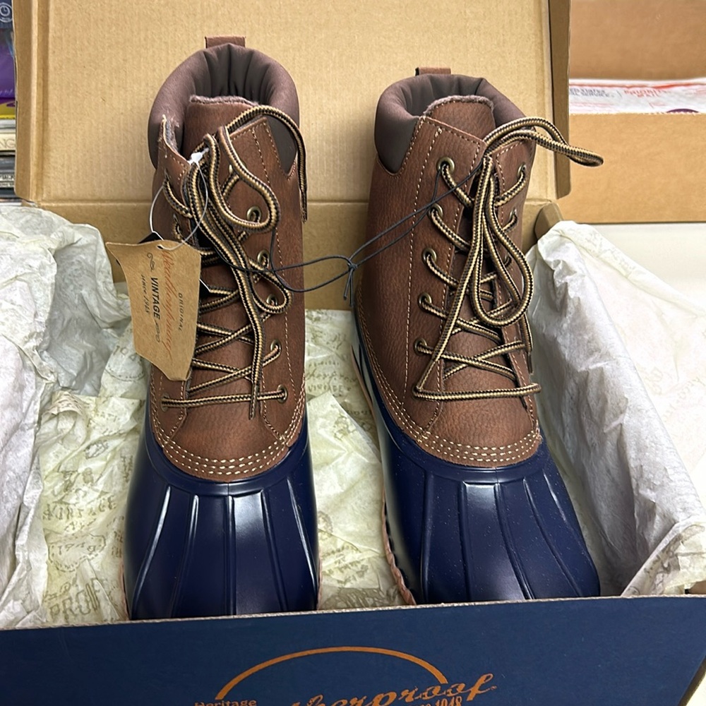 Waterproof men’s tan/ navy rain boots     New in box